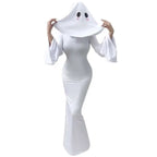 Form-Fitting Long White Gown with Sweeping Bell Sleeves and Ghost Veil
