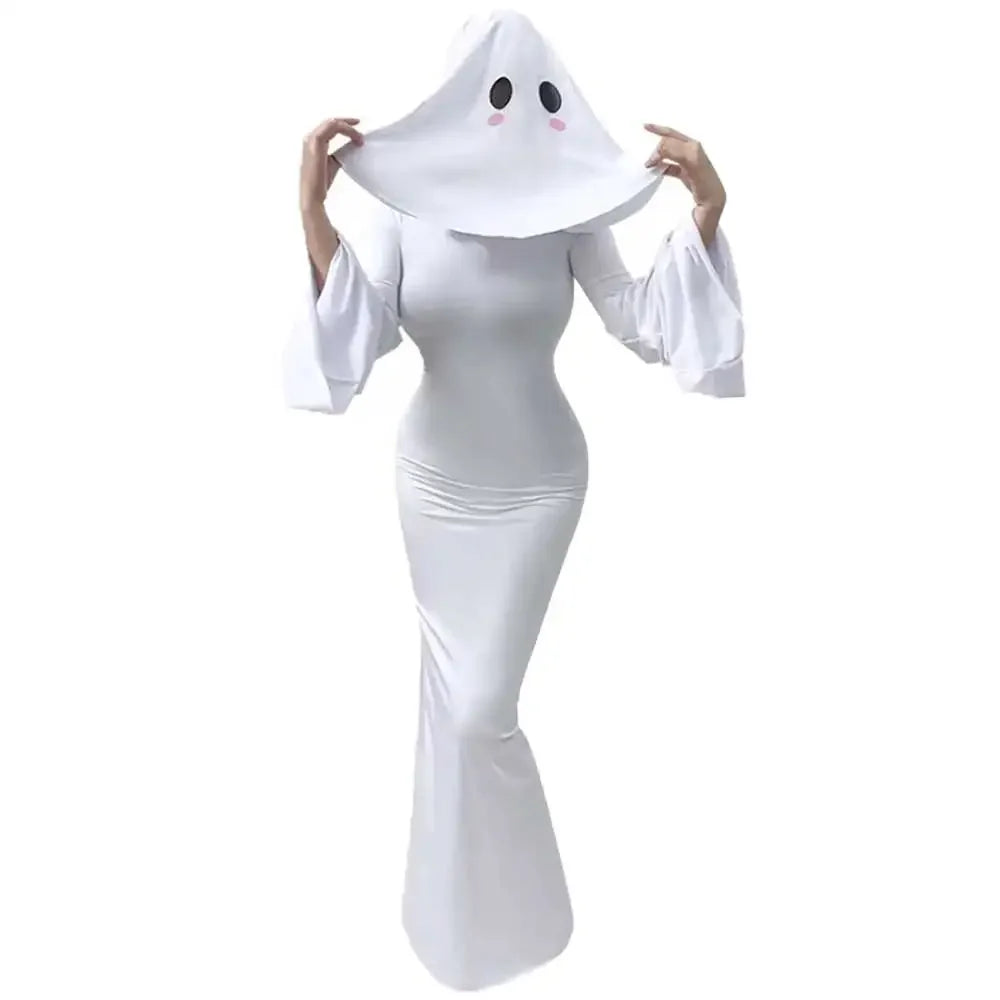 Form-Fitting Long White Gown with Sweeping Bell Sleeves and Ghost Veil
