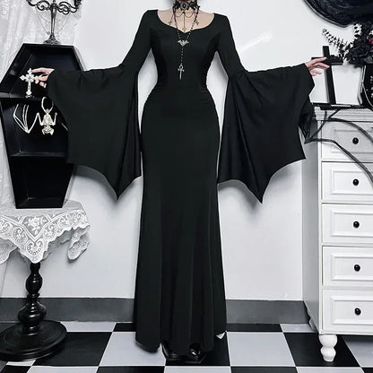 Elegant Gothic Mermaid Dress with Dramatic Sleeves and Dark Styling