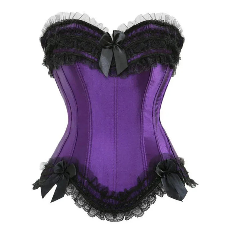 Playful Pink Satin Overbust Corset with Lace Trim and Delicate Bow Accents