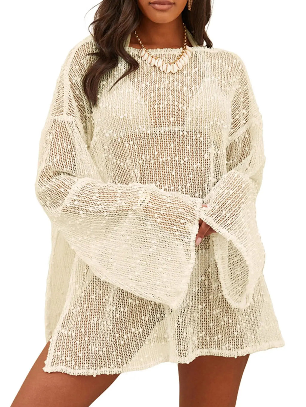 Cream Crochet Beach Cover-Up Dress with Open-Knit Texture, Boat Neck and Relaxed Mini Caftan Silhouette
