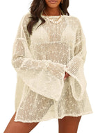 Cream Crochet Beach Cover-Up Dress with Open-Knit Texture, Boat Neck and Relaxed Mini Caftan Silhouette