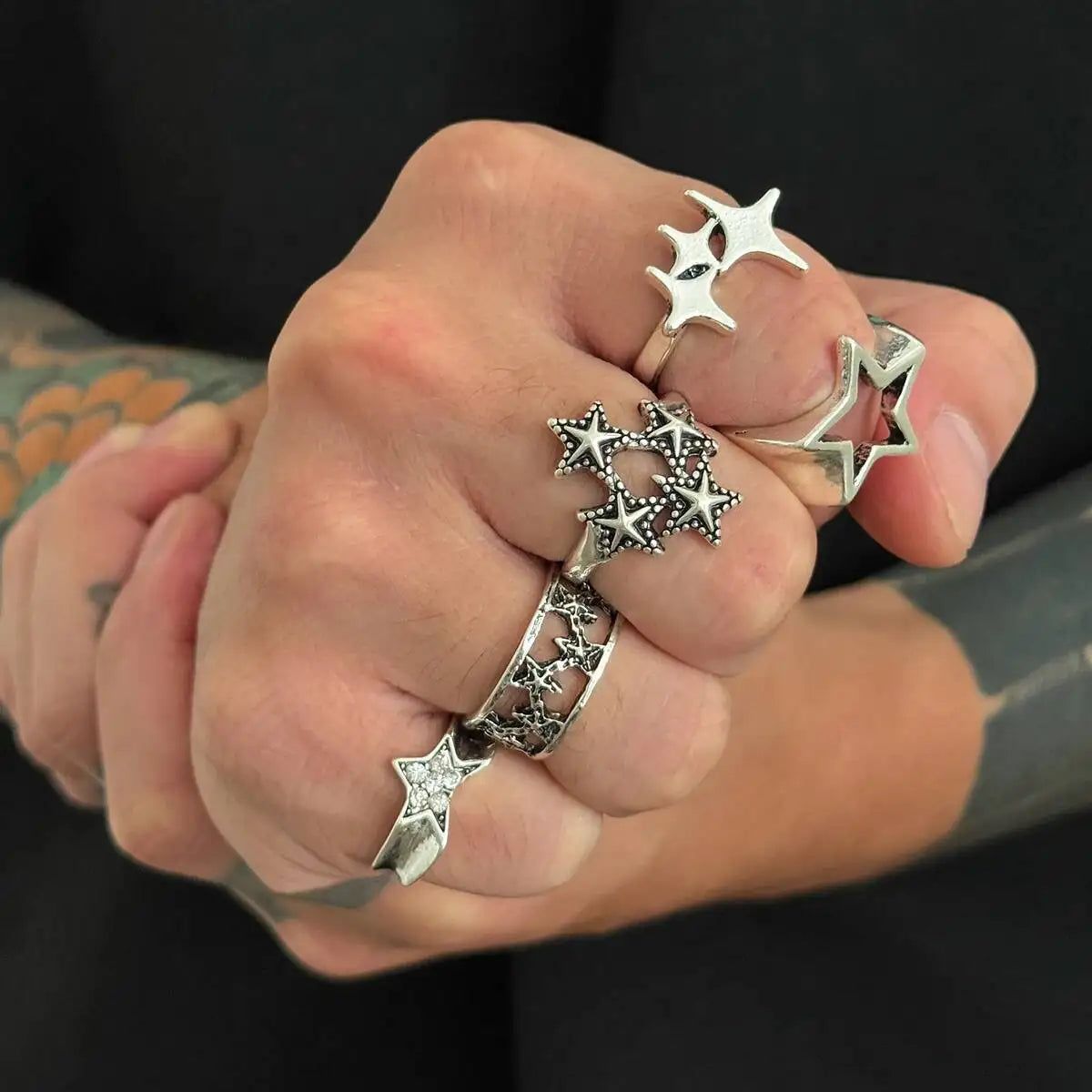 Vintage Star Ring Set for Gothic Punk and Alternative Fashion Styling