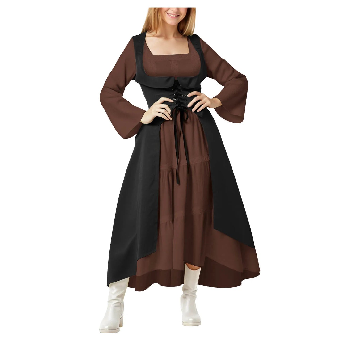 Gothic Witchcore Midi Dress with Pentagram Strap Details