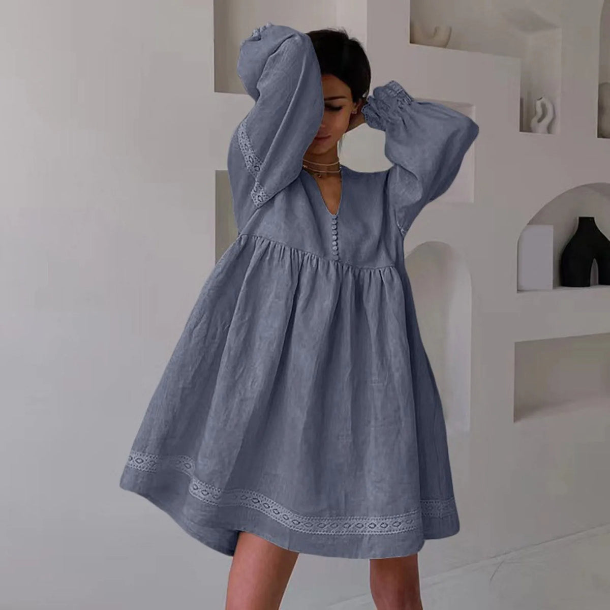 Relaxed Oversized V-Neck Smock Dress with Voluminous Sleeves and Lace Trim