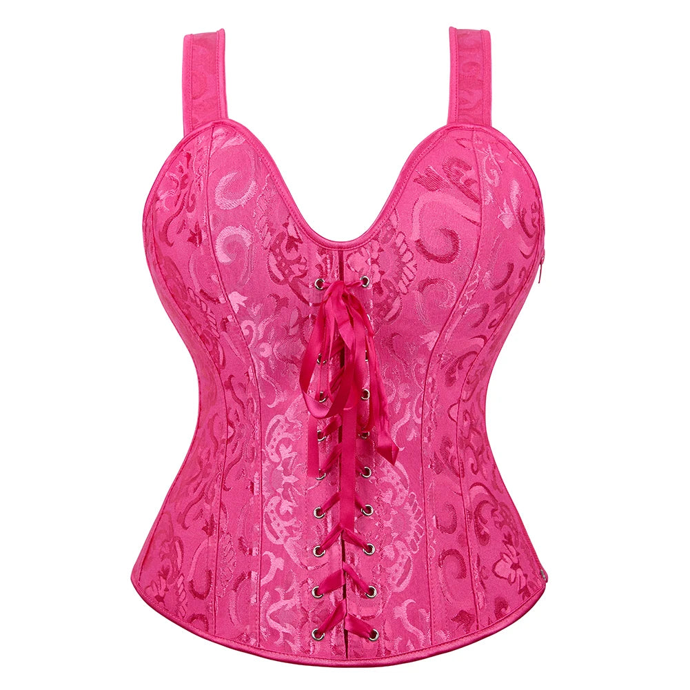 Red and Black Polka Dot Overbust Corset with Lace Overlay and Ruffled Trim