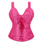Red and Black Polka Dot Overbust Corset with Lace Overlay and Ruffled Trim
