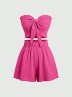 Front Knot Strapless Top and Shorts Summer Casual Co-Ord Set