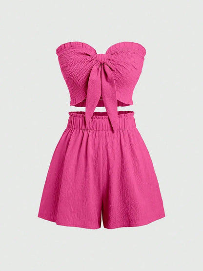 Front Knot Strapless Top and Shorts Summer Casual Co-Ord Set