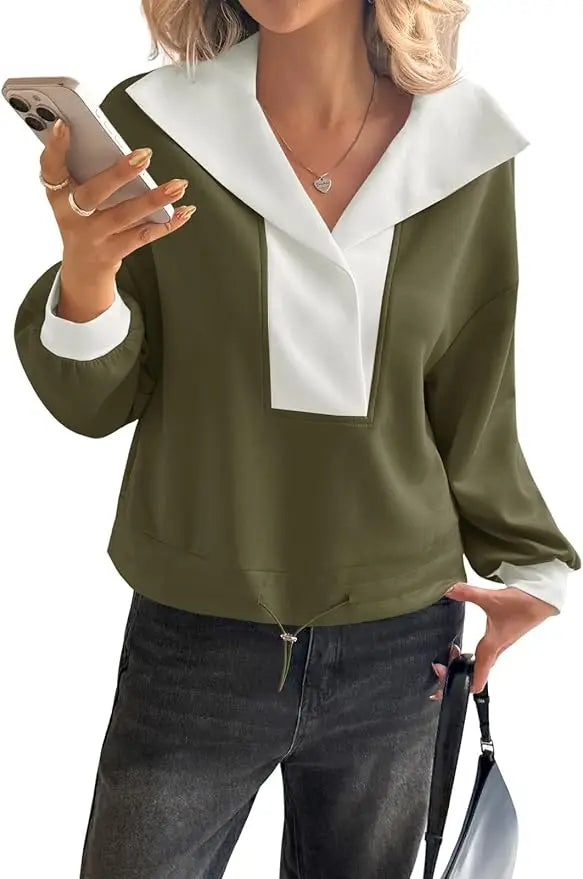 Women's Contrast Collar V-Neck Sweatshirt with Long Sleeves for Casual Contemporary Everyday Fashion