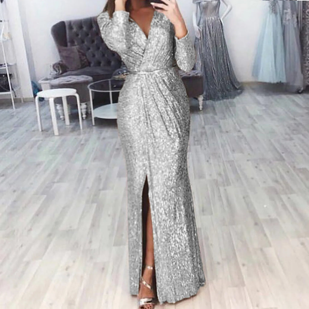 Textured Long Sleeve Maxi Dress With Sculpted Fit And Slit