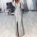 Textured Long Sleeve Maxi Dress With Sculpted Fit And Slit