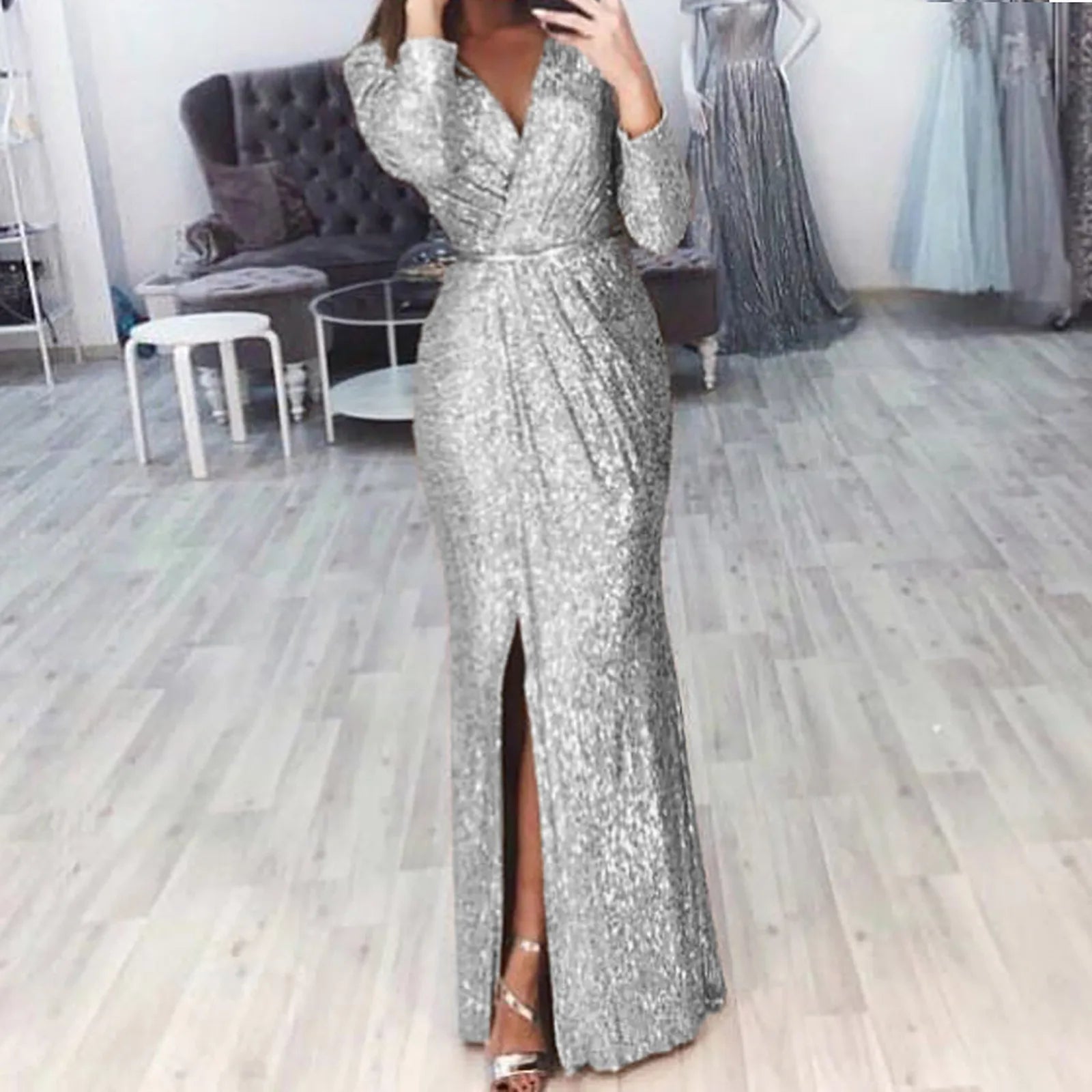 Textured Long Sleeve Maxi Dress With Sculpted Fit And Slit