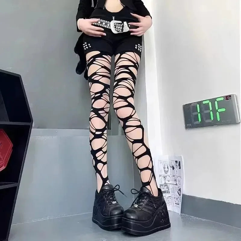 Distressed Cutout Fishnet Tights Gothic Punk Alternative Fashion Statement Hosiery