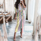 Abstract Print Maxi Dress with Belted Waist and Long Sleeves