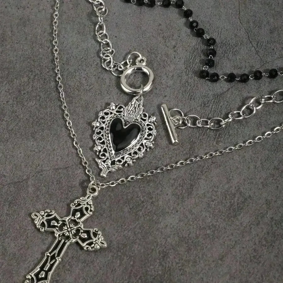 Layered Heart and Cross Necklace Set for Gothic Y2K Styling