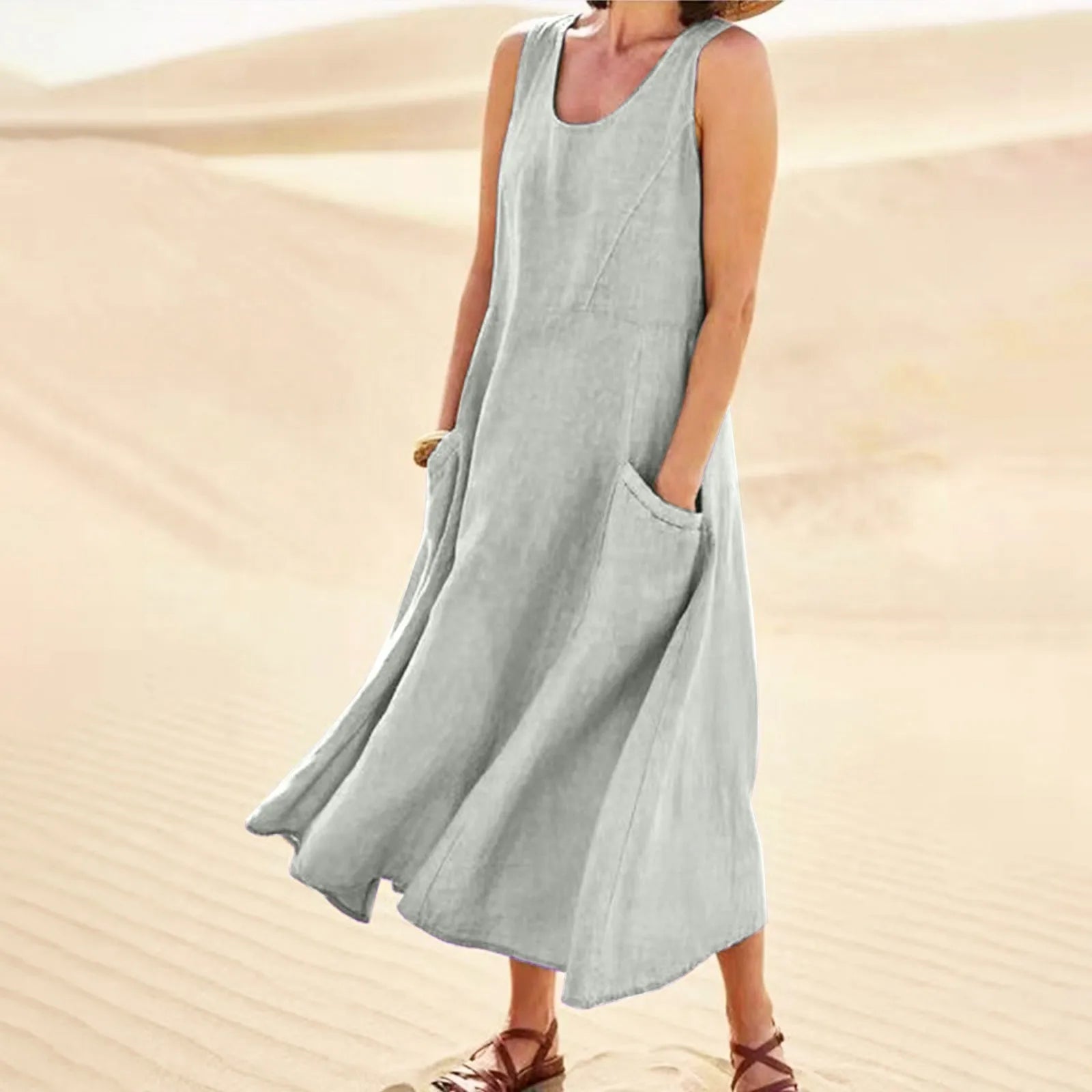 Relaxed Sleeveless Tank Maxi Dress with Pockets and Flowy Silhouette