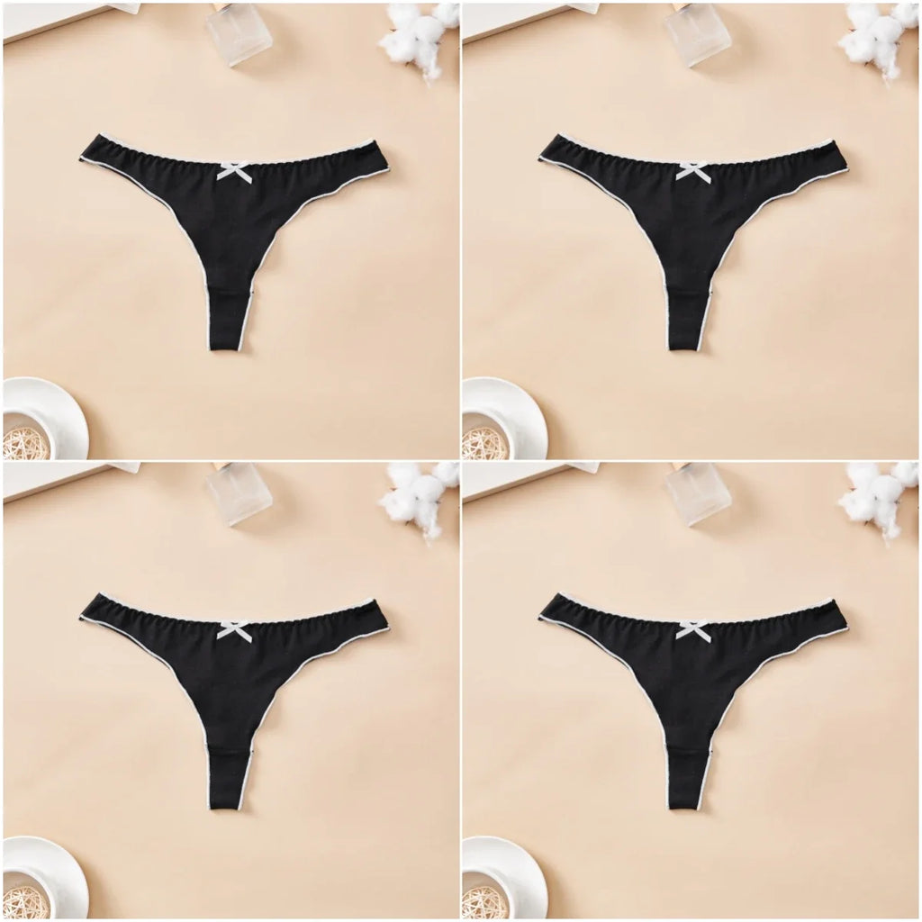 4-Piece Women’s Cotton Low-Rise Thong Panties Set with T-Back Silhouette, Decorative Bow Detail and Assorted Solid Colors