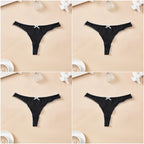 4-Piece Women’s Cotton Low-Rise Thong Panties Set with T-Back Silhouette, Decorative Bow Detail and Assorted Solid Colors