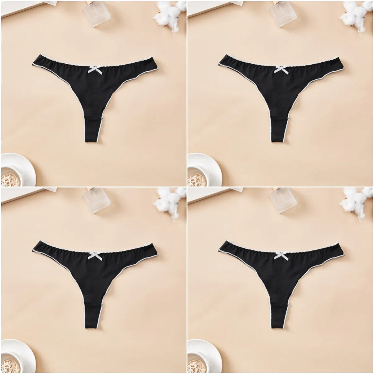 4-Piece Women’s Cotton Low-Rise Thong Panties Set with T-Back Silhouette, Decorative Bow Detail and Assorted Solid Colors