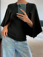 Women's Relaxed Batwing Sleeve Crew Neck Cotton Knit Poncho Style Casual Pullover Sweater