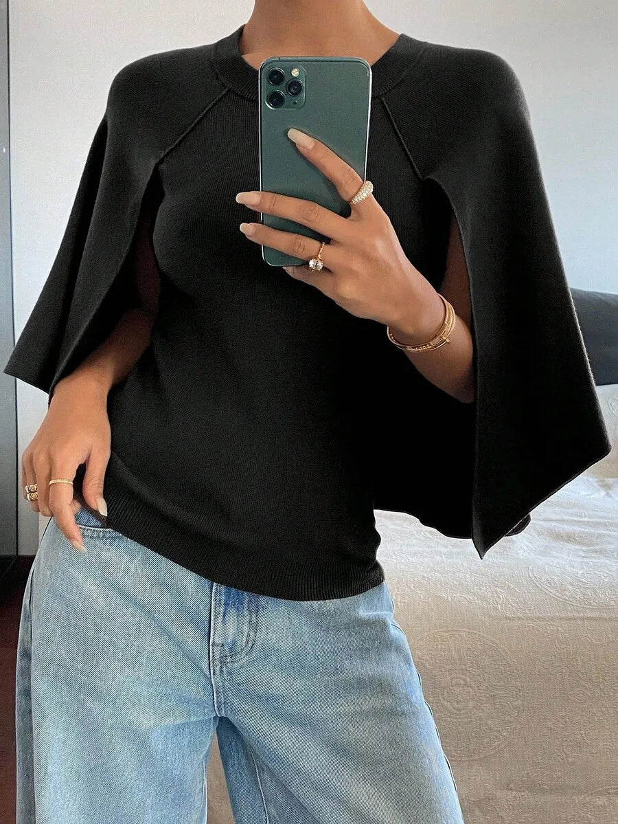 Women's Relaxed Batwing Sleeve Crew Neck Cotton Knit Poncho Style Casual Pullover Sweater