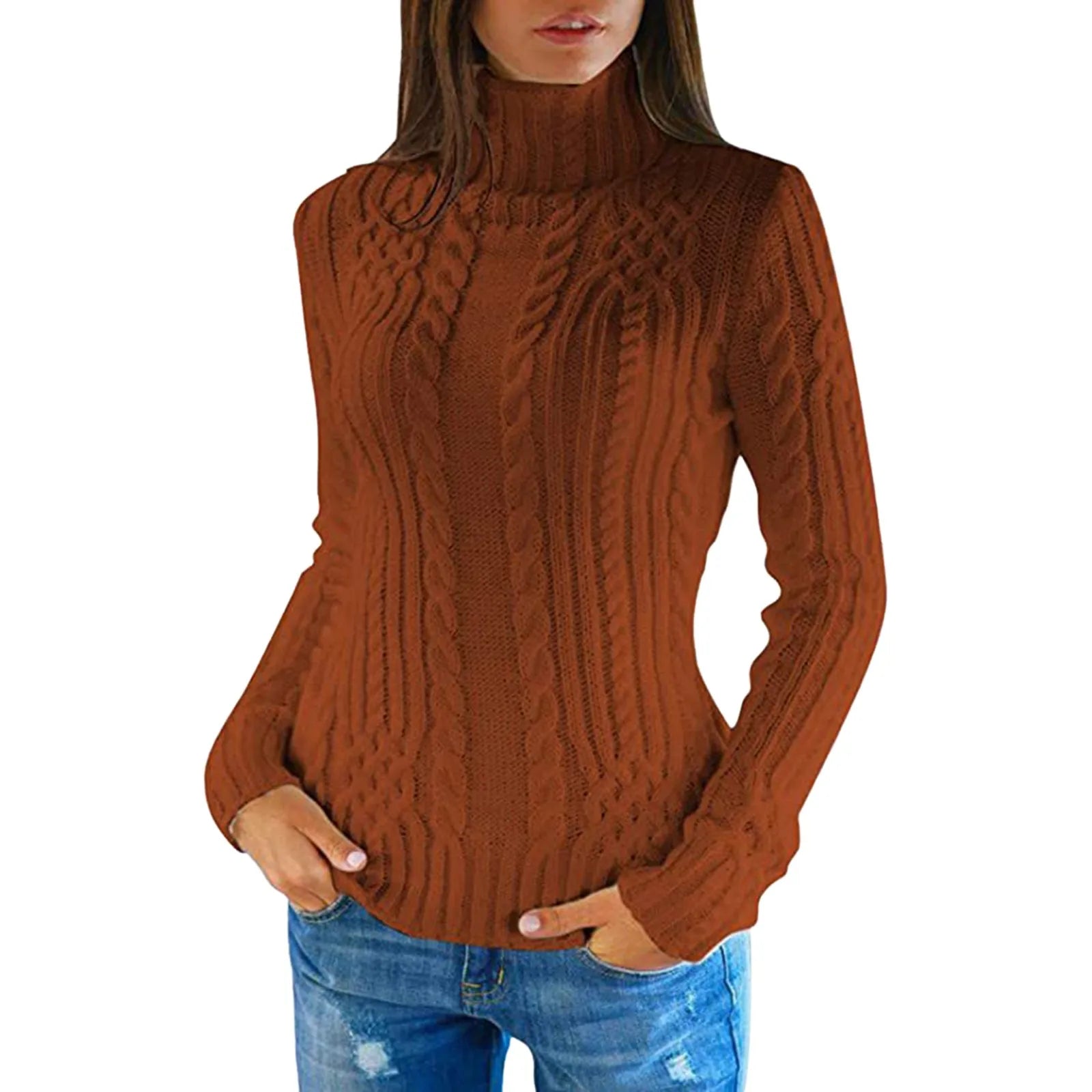 Women's Cable Knit Turtleneck Slim Fit Pullover Sweater With Textured Finish