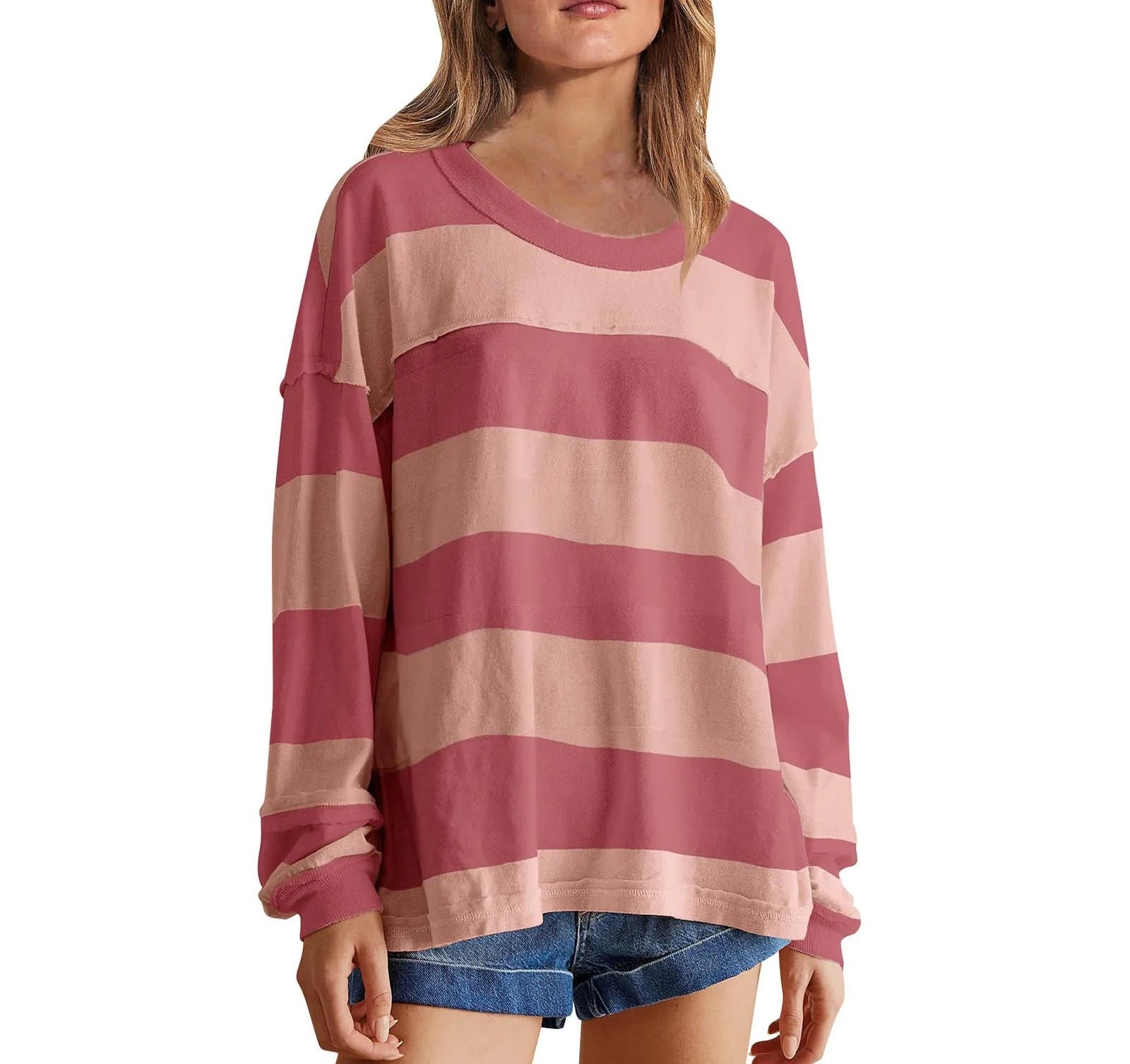 Women's Relaxed Striped Knit Pullover with Long Sleeves for Casual Everyday Streetwear Style