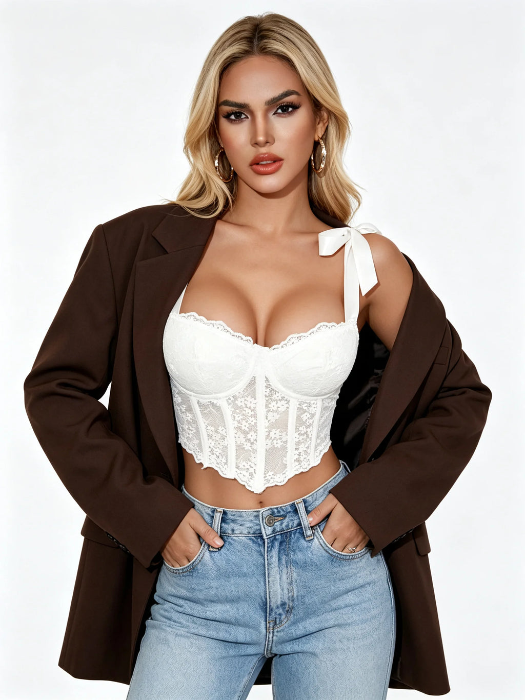 Romantic White Lace Bustier Top with Ribbon Tie Straps and Structured Silhouette