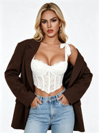 Romantic White Lace Bustier Top with Ribbon Tie Straps and Structured Silhouette