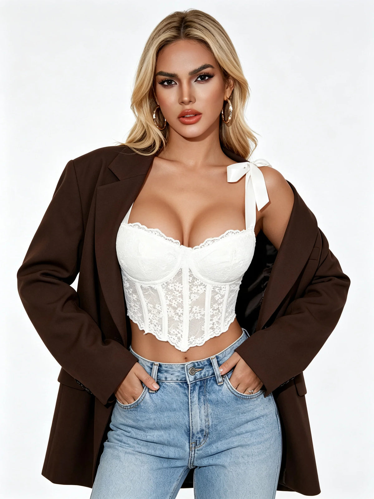 Romantic White Lace Bustier Top with Ribbon Tie Straps and Structured Silhouette