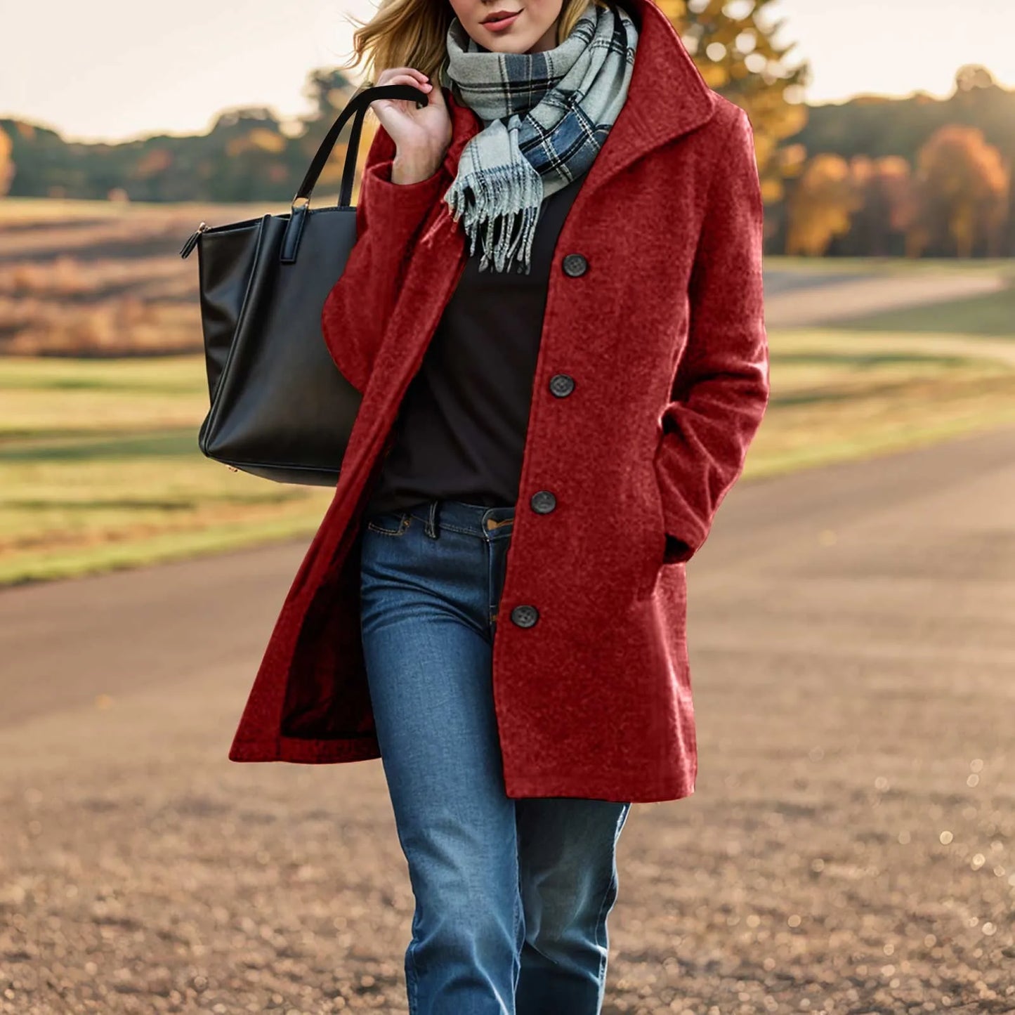 Women's Mid-Length Button Front Coat Relaxed Tailored Winter Casual Everyday Outerwear
