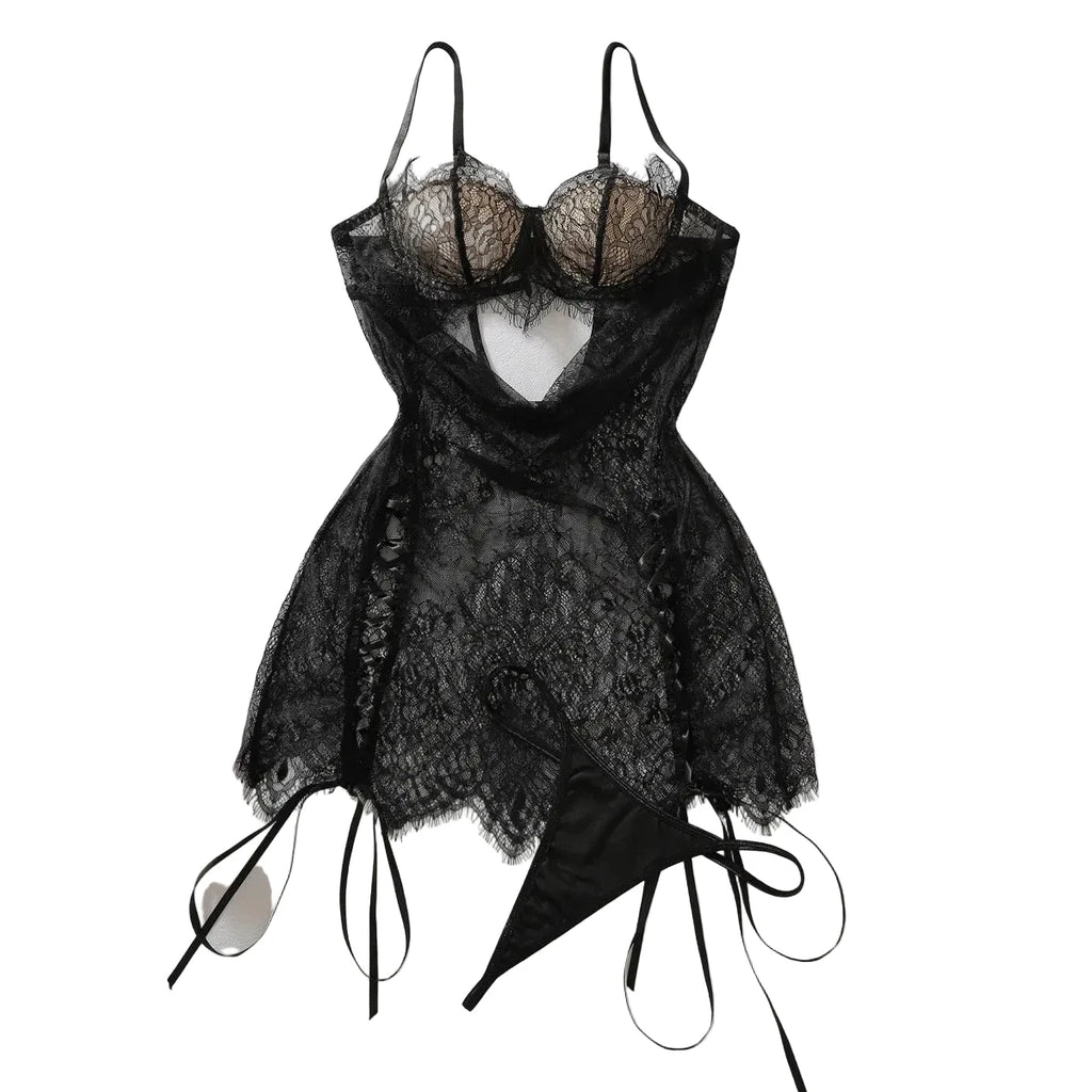 Sheer Black Lace V-Neck Babydoll and Matching Panty Set