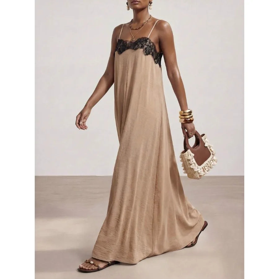 Contrast Trim Maxi Dress With Soft A Line Flowing Silhouette