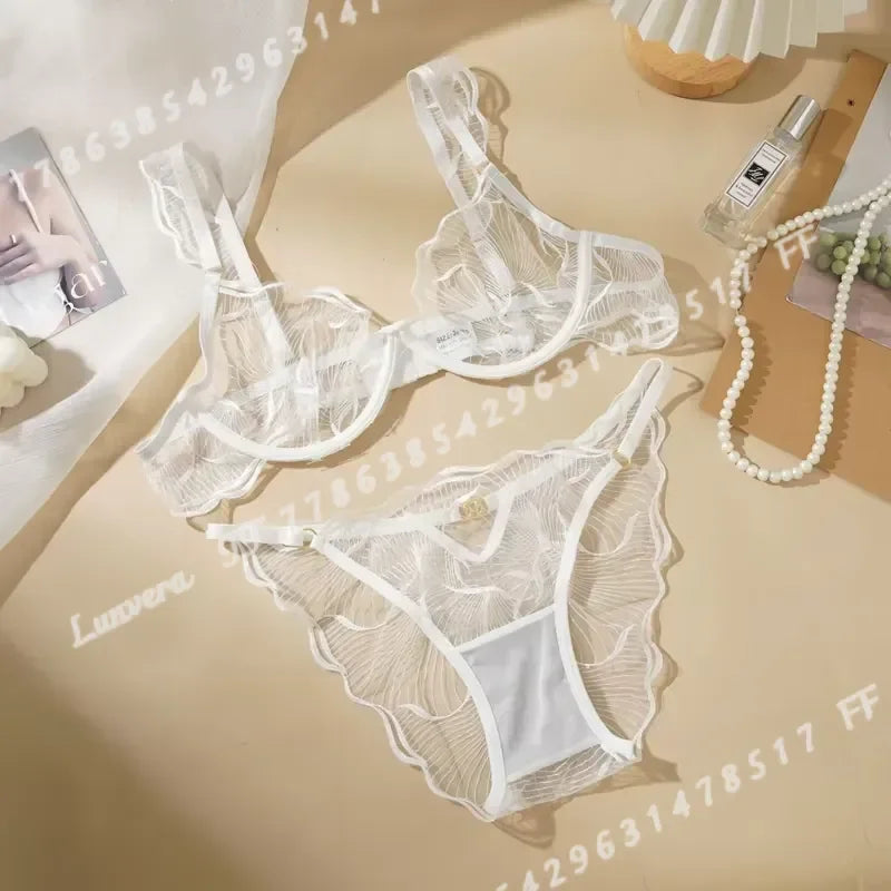 Sheer Mesh Unlined Underwire Bra and Panty Set with Botanical Leaf Embroidery