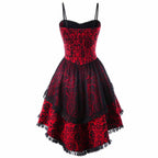 Gothic-Inspired Red and Black Lace Overlay Mini Dress with Tiered Hem