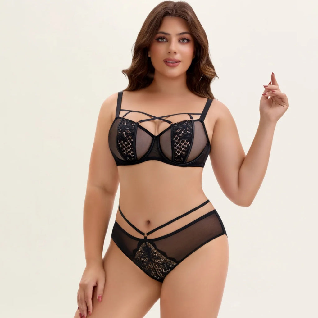 Black Sheer Mesh Underwire Minimizer Bra with Strappy Detail