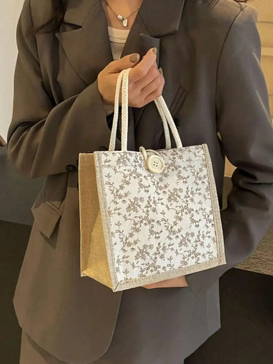 Floral Print Linen Tote Shoulder Bag with Button Closure Design