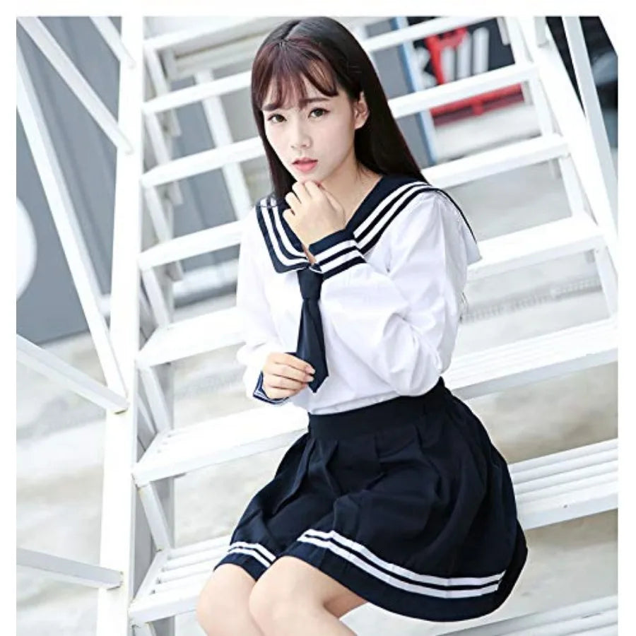Women's Sailor-Inspired Pleated Uniform Set with Long Sleeve Top, Neck Scarf and Socks