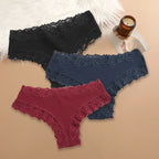Three-Piece Ribbed Cotton-Blend Bikini Panty Set with Scalloped Lace Trim