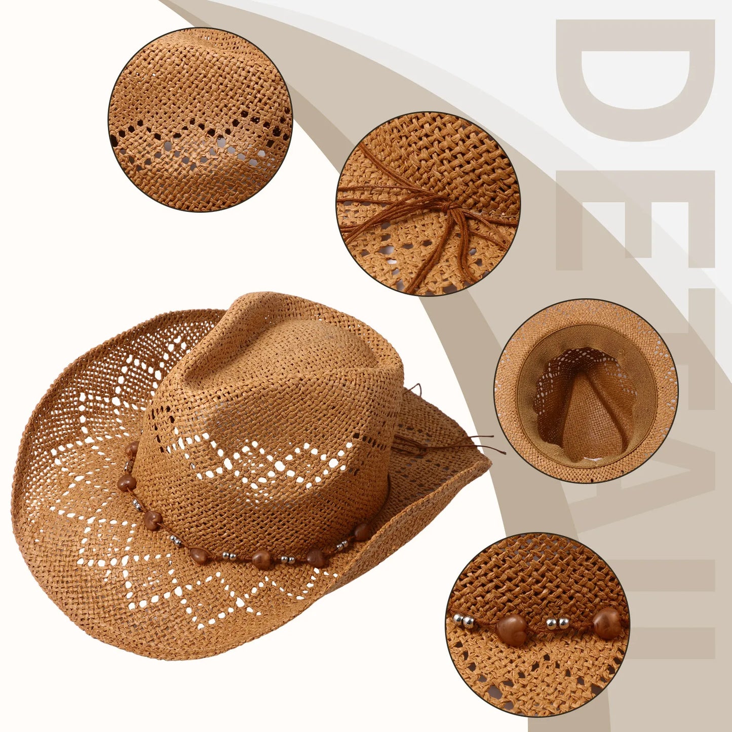 Women's Wide Brim Straw Cowgirl Hat with Decorative Beaded Band for Summer Outdoor Wear