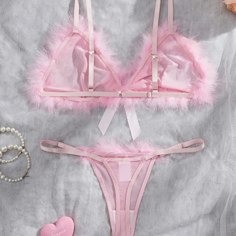 Romantic Soft Pink Sheer Mesh Lingerie Set with Fluffy Marabou Trim