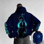 Dark Anime Cyber Streetwear Hoodie with Manga-Inspired Neon Character Artwork