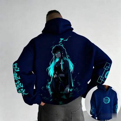 Dark Anime Cyber Streetwear Hoodie with Manga-Inspired Neon Character Artwork