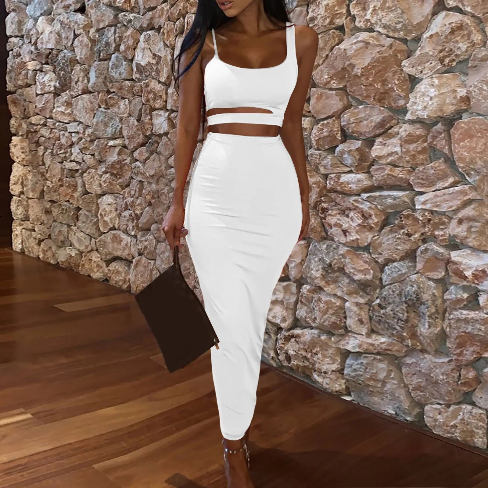 Women's Cutout Crop Top and Maxi Skirt Co-Ord Set Contemporary Evening Outfit