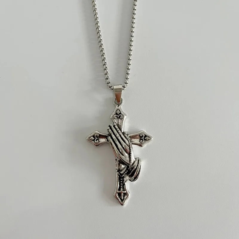 Praying Hands Cross Pendant Necklace With Vintage Gothic Statement Aesthetic
