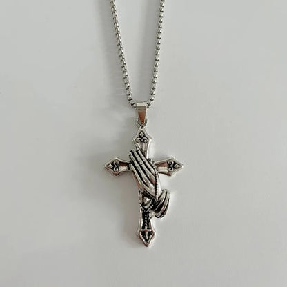 Praying Hands Cross Pendant Necklace With Vintage Gothic Statement Aesthetic