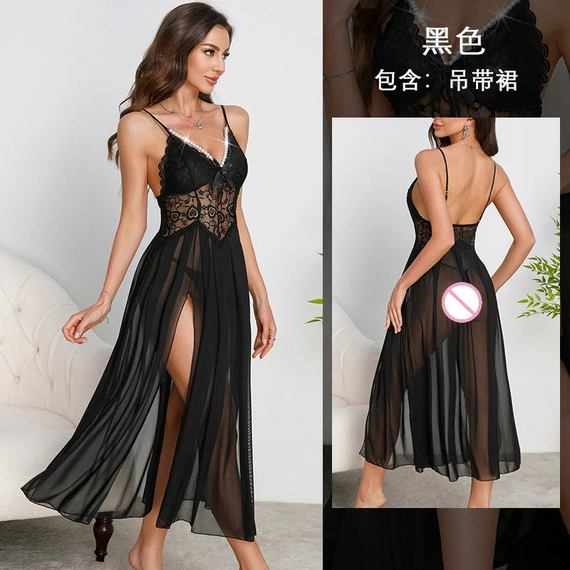 Ethereal White Lace Maxi Nightgown with Plunging Neckline and Dramatic Double-Slit Skirt