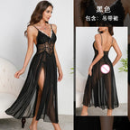 Ethereal White Lace Maxi Nightgown with Plunging Neckline and Dramatic Double-Slit Skirt