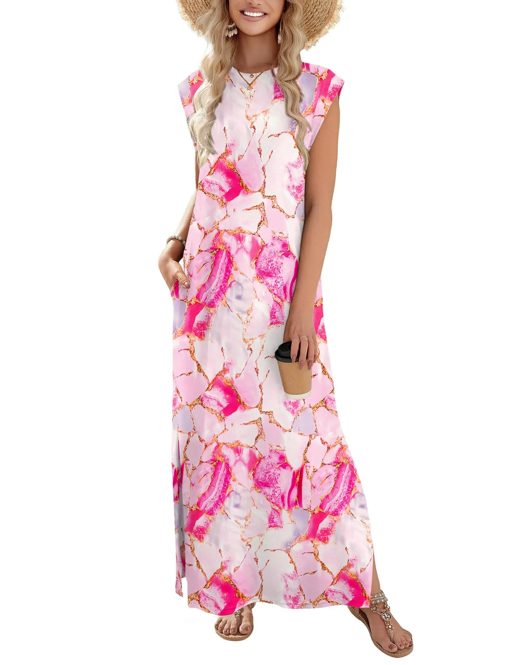 Loose Fit Sleeveless Floral Maxi Dress with Pockets for Casual Styling